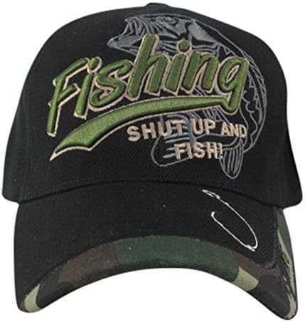 Fishing - Shut Up and Fish with Hook on Visor Baseball Hat, Camouflage (Black)