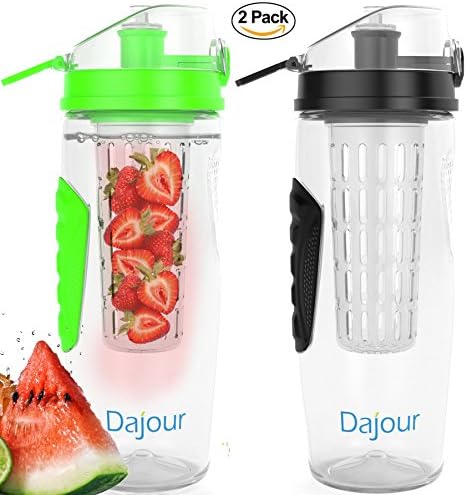 Fruit Infuser Water Bottle 32 Ounce NO BPA Sports Flavor Infusion Bottle - PLUS Recipe Ebook and Cleaning Brush INCLUDED (2 PACK - BLACK&amp;LIME)