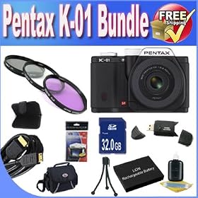 Pentax K-01 16MP APS-C CMOS Compact System Camera With 40mm Lens (Black) + Extended Life Battery + 32GB SDHC Class 10 Memory Card + USB Card Reader + Memory Card Wallet + Deluxe Case w/Strap + Shock Proof Deluxe Case + Mini HDMI to HDMI Cable + 3 Piece Professional Filter Kit + Accessory Saver Bundl