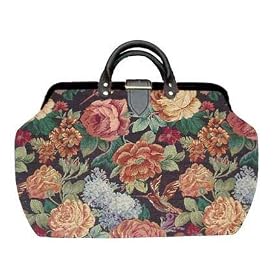 ArtisanStreet's Hummingbird with Roses & Hydrangeas Tapestry Carpet Bag with Shoulder Strap. Features Pink Roses & Hydrangeas on Black Background. Hummingbird Perches in Middle of Bag. Limited Edition. Use as an Overnight Bag or Even as a Briefcase.