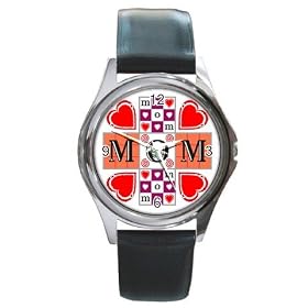 Round Silver Metal Watch of Mother's Day Present - I Love My Mom with Hearts