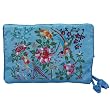 Silky Embroidered Brocade Jewelry Travel Organizer Roll Pouch - Turquoise Blue
