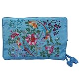 Silky Embroidered Brocade Jewelry Travel Organizer Roll Pouch - Turquoise Blue