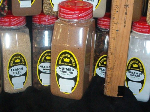 NUTMEG GROUND FRESHLY PACKED IN LARGE JARS, spices, herbs, seasonings