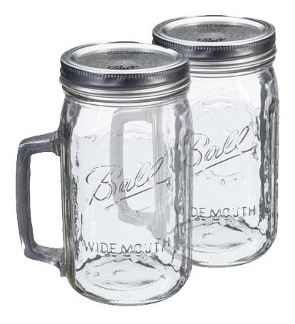Set of 2 Original "Ball" Mason Red Neck Style Beer Mugs with Metal Handle and Lid, Wide Mouth, 32 oz