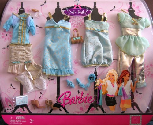 51S4wfGk%2BJL Barbie Fashion Fever Girls Night in Blue and Gold Theme Color Clothes with 2 Tops, 2 Dresses, Bolero, Skirt, Capris, Purse, 2 Pairs Shoes, Perfume Atomizer, Brush & Cardboard Show Tickets