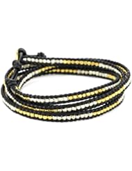 Chan Luu Gold Vermeil and Silver Bead Black Leather Wrap Bracelet