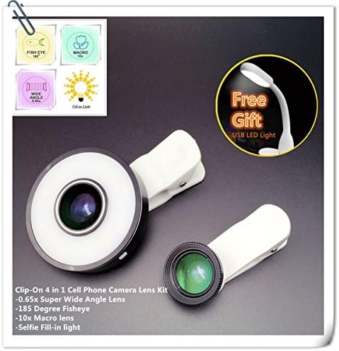 Lovkit™ Universal Clip-On 4 in 1 Cell Phone Camera Lens Kit 12 LED Selfie Fill-in light+ 185 Degree Fisheye+ 10x Macro+ 0.65x Super Wide Angle Lens for iPhone 6/6 Plus/5/5S, Galaxy S6/S5, Black