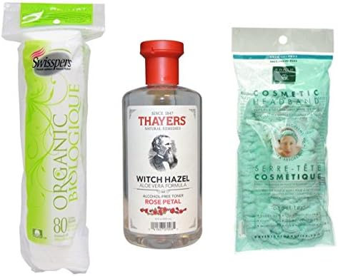 Skin Cleansing Bundle - Thayers Witch Hazel With Aloe Vera Rose Petal, Swisspers Organic Cotton Round Pads, and Earth Therapeutics Spa Cosmetic Headband