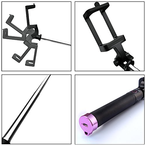 Selfie Stick, Mixbrix® Ultra Compact Foldable Quick Snap Pro 3-In-1 Self-portrait Monopod Extendable Wireless Bluetooth Selfie Stick with built-in Bluetooth Remote Shutter With Adjustable Phone Holder for iPhone 6, iPhone 6 Plus, iPhone 5 5s 5c, Android (Pink)