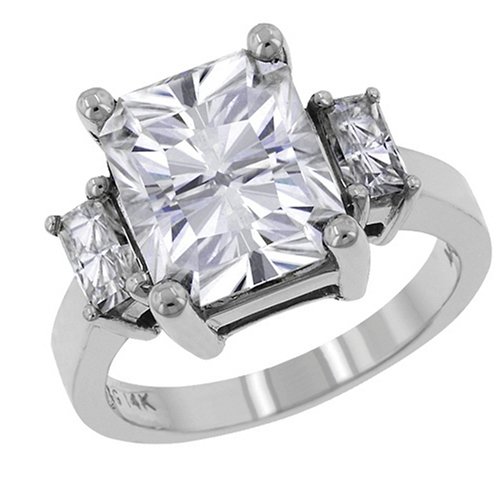 14k White Gold Moissanite 3 Stone Radiant W/Small Radiant Side Stones (6.16 cttw equivalent), Size 7