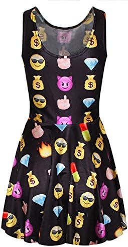 Handu Women's 3D Emoji Pleated Knee-length Print Pattern Reversible Skater Dress Black