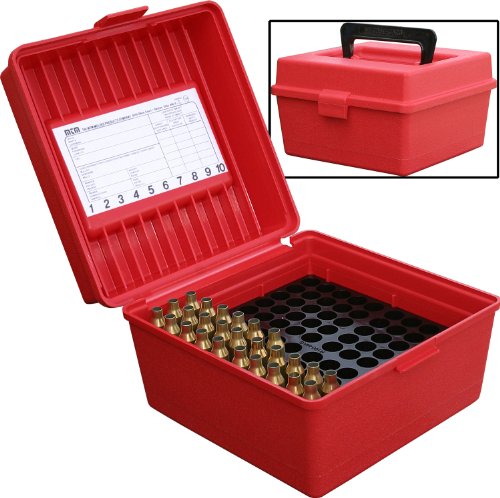 MTM 100 Round Deluxe Handled Magnum Flip-Top Rifle Ammo Case .22-250 to 58 Win Mag (Red)
