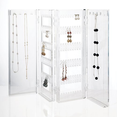 Foldable Acrylic Jewelry Screen - holds up to 120 pairs of earrings, with 8 necklace hooks