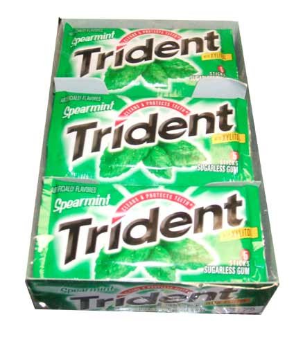 Trident Spearmint Flavor Chewing Gum with Xylitol 18  5-stick Paks Sugarless Gum by Cadbury Adams