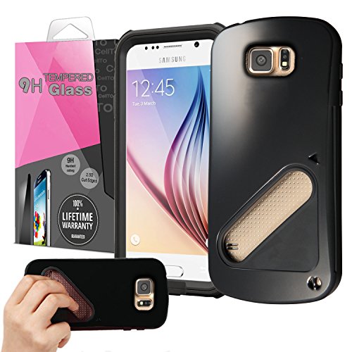 Galaxy S6 Case - Cellto [ Get A Grip ] Double Layer with Tempered Glass [Shatter Proof] Screen Protector *BRAND NEW* [PC and TPU] Hybrid Cover Premium Quality - Retail Eco-Package - Rugged Tough Case for S6 (2015) - [Black]