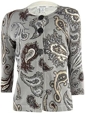 Hampshire Studio Women's Paisley Three Button Knit Cardigan (XS, Grey/White)