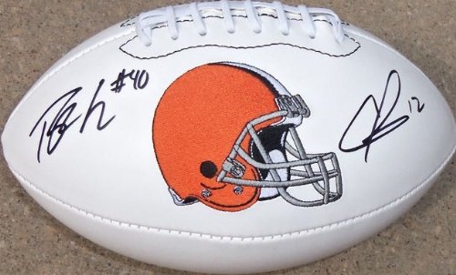 PEYTON HILLIS COLT MCCOY SIGNED AUTOGRAPHED CLEVELAND BROWNS LOGO FOOTBALL COA + HOLOGRAM