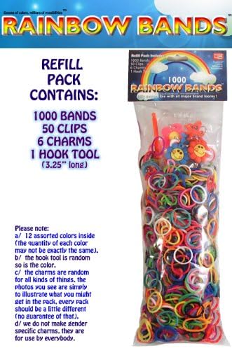 Rainbow Bands TM 1000 Rubber Band Refill Bundle Pack (12 assorted mixed colors) with 50 Clips + 6 Charms + 1 Hook Tool - Fully Compatible with all LOOM Kits