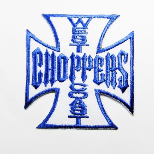 Blue on White West Coast Chopper Biker Motorcycle Patch Embroidered Iron on Hat Jacket Hoodie Backpack Ideal for Gift/6.7cm(w) X 7.2cm(h)