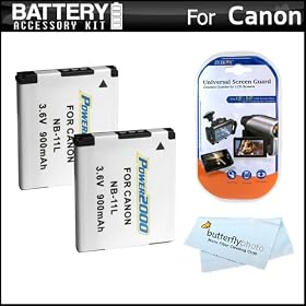 2 Pack Battery Kit For Canon Powershot Elph 110 HS Digital Camera Includes 2 Extended Replacement (900Mah) NB-11L Batteries + LCD Screen Protectors + MicroFiber Cleaning Cloth