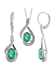 14k White Gold Dangle Earrings (19mm tall) & 18 in. Pendant-Necklace Set, w/ 0.20 Carat Brilliant Cut Diamonds & 3.64 Carats Oval Cut (7x5mm) Emerald Stones