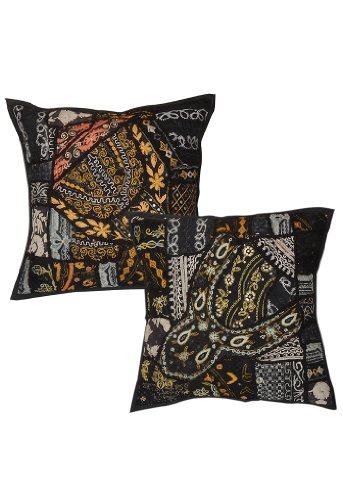 Imagen principal de Parche Bordado Negro Color de trabajo Indian Home Decor Cojín Tamaño 16 x 16 pulgadas Juego de 2 piezas