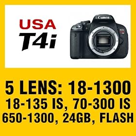 Canon EOS Rebel T4i Digital SLR Camera Body with 5 Lens Kit including 2 Canon Lenses: EF-S 18-135mm f/3.5-5.6 IS & EF 70-300mm f/4-5.6 IS USM + 24 GB & Deluxe Accessory Bundle