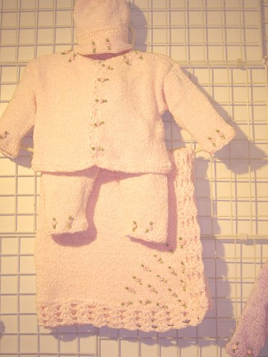 Cpk83bpbk, Hand Knitting Machine Then Finished By Hand Crochet Infant Girls Outfit, Containing Baby Pink Chenille Cardigan Sweater, Pant, Hat, Blanket Set Trimmed with Small Satin Rosebuds