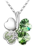 Kzafrance Collection "Fête des Mères" Collier Trèfle à Quatre Feuilles Porte-bonheur Cristal Swarovski et Chaîne en plaqué Or Blanc 18 Carats - Vert Intense (Disponible en 11 coloris)