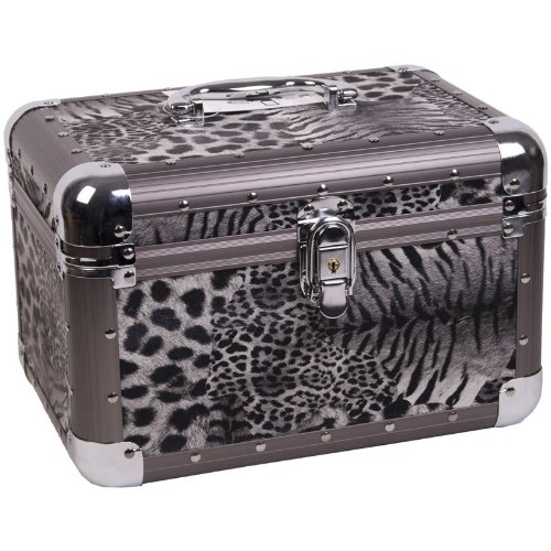 11.25 inch Black & White Leopard Print Aluminum Makeup Cosmetic Travel Organizer Train Case w/Extendable Jewelry Tray