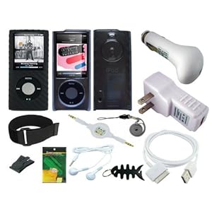 12 items Premium Accessories Bundle for Apple ipod Nano 5G 5th Generation 16GB . 32GB Series : includes (Crystal clear + Black Silicone SKIN Case COVER + USB Car + USB Wall Charger + Straight usb data cable + 3.5MM ~ 3.5MM Aux White Retractable Cable + White Mp3 Earphone + Adjustable Armband + Black Belt Clip + Screen Protector + Lanyard + Fishbone Style Keychain)