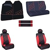 IMAGE OF MOMO Auto Accessories Interior Combo Kit 12 Piece Gift Set - Front & Rear Floor Mats, Front Low Back Bucket Seat Covers, Headrest Covers, Rear Bench Seat Cover & Shoulder Belt Pads - MOMO Italy Black/Red