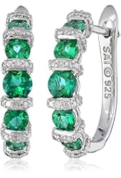 Sterling Silver, Created Emerald, and Diamond-Accented Hoop Earrings