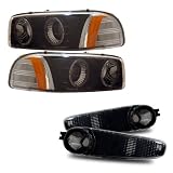 00-06 GMC Yukon Black LED Halo Projector Headlights  w Amber + Bumper Light Combo by Luminx Lighting