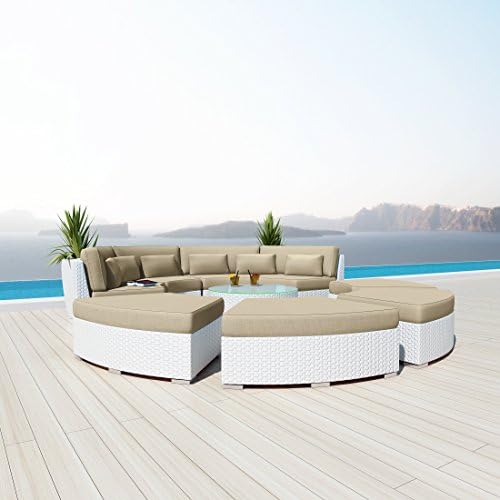 NEW Uduka Modavi 9pcs Outdoor Round Sectional Patio Furniture White Wicker Sofa Set Light Beige All Weather Couch