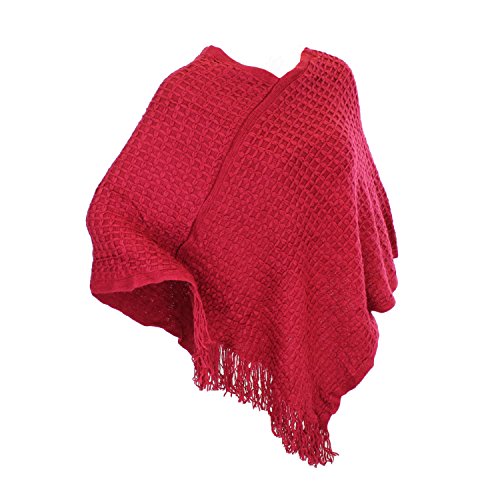 Waffle Knit Asymmetrical Poncho Wrap Shawl w/ Fringe in Beige, Cranberry & Black