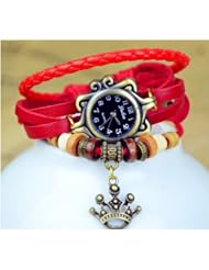 KANO BAK(TM) Fashion Weave Wrap Around Leather Retro Bracelet Woman Girl Man Royal King Crown Wrist Gift Watch Red