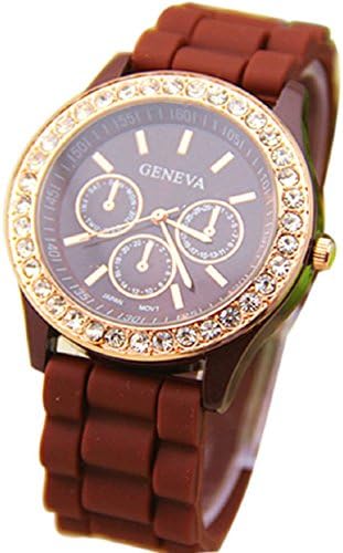 Mokingtop®Shinning Analog Quartz Wrist Watch Jelly Golden Crystal Silicone Watch Coffee