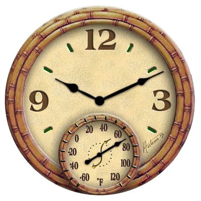 Springfield Polyresin Clock with Thermometer, 14-Inch, Bamboo