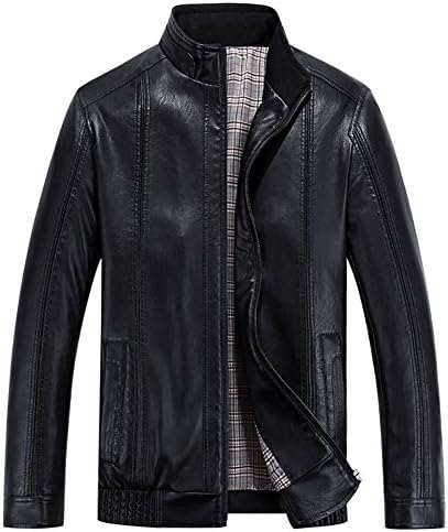 Cheruna Men's Retro Slim Stand Collar Zip-up Pu Leather Jacket Black L