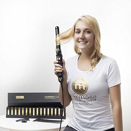 Hairmosa AUTO ROTATING CURLING WAND kit includes: Tourmaline Digital 1.1" Curling Iron + 2X Section Clips + day-off ring [Black, Clamp, Dual Voltage]