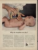 Why do hospitals do this? The nurse is spreading 'antiseptic oil' over the infant's body. In most hospitals this is done at least once a day - to help protect the delicate skin against harmful germs that may cause dangerous infection. It is a vital step in the rigid routine observed in America's hospitals to keep our babies the healthiest in the world. ..... 1943 The MENNEN Co. Ad, A5264A. 19431101