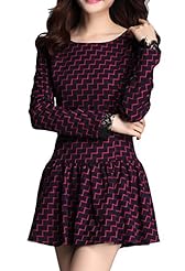 Scoop Neck Zig Zag Pleated Stretchy Long Sleeves Cotton Skater Dress 