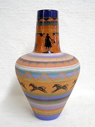 Native American Navajo Red Clay Pot--Large Vase with Horses and Cowboy