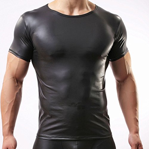 YiZYiF Men's Leather Like Underwear Short Sleeve T-shirt Undershirt Lingerie Top