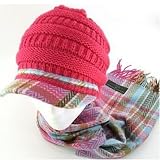 51SA i%2Bpr%2BL. SL160  New Ski Plaid Knit Cabbie Beanie Cap Hat Scarf Set Pink Medium Large