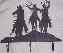 Western Home Decor Roping Cowboy Horses Three Hook Metal Rack