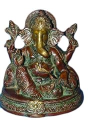 Lord Ganesh Sitting Statue Good Luck Ganesha Red Patina India 6"