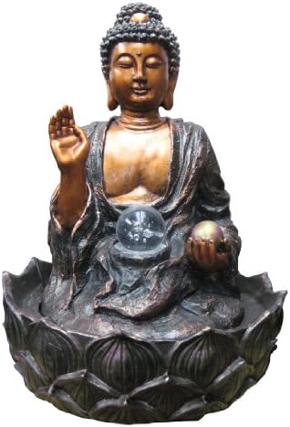 Buddha Sitting on Lotus Leaf Water Fountain with Glass Ballf